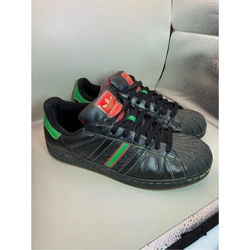 Adidas Superstar Black Leather Red Green Stripe Shell Toe Sz 11